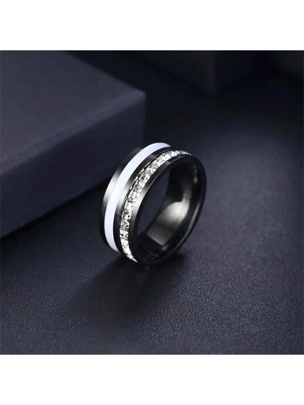 Black stainless steel princess cut inlay band RING - Silver - CZs- size 8